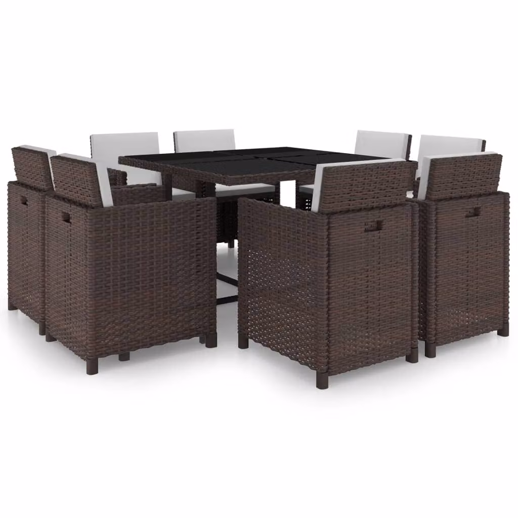 The Living Store Set da pranzo da giardino 9 pezzi con cuscini in poly rattan marrone