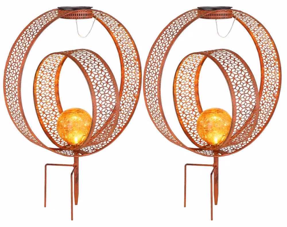 2 lampade solari a LED, con picchetto da terra, vetro effetto "craquelé", resistenti alla ruggine, altezza 42 cm