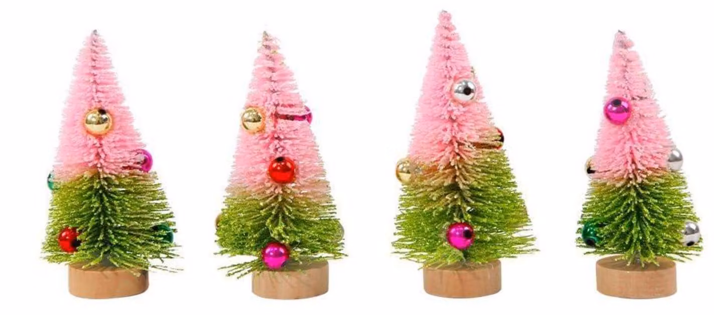 Albero di Natale artificiale in miniatura, 4,5 cm x 10,5 cm, rosa e verde, set da 4