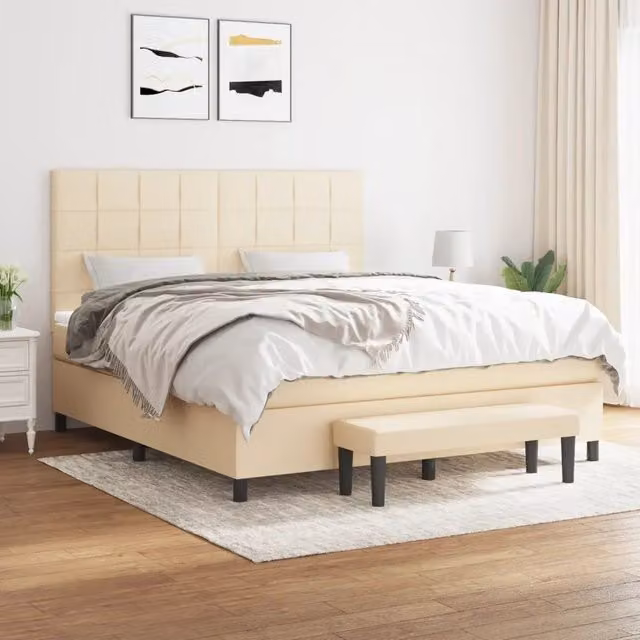 Letto Ibrido vidaXL con Giroletto a Molle e Materasso in Tessuto Beige e Bianco L/P/H: 160 x 200 x 128 cm