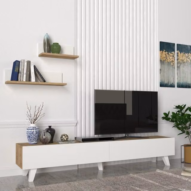 Set di Mobile TV en.casa con 2 Mensole da Muro, Armadietto con 2 Ante a Ribalta e Mensole a Forma di L, Effetto Rovere e Bianco, Larghezza: 180 cm