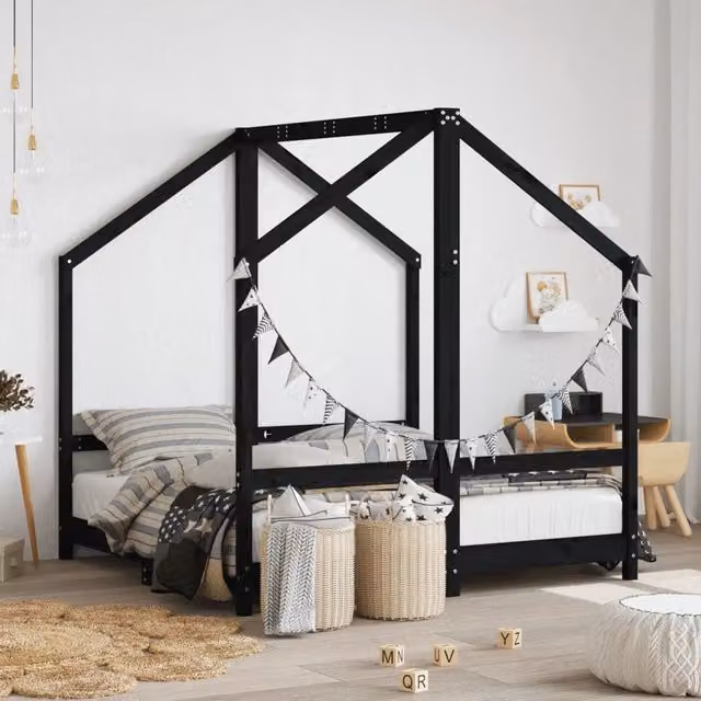 Giroletto per Bambini Nero 2x(70x140) cm Legno Massello di Pino 3200594