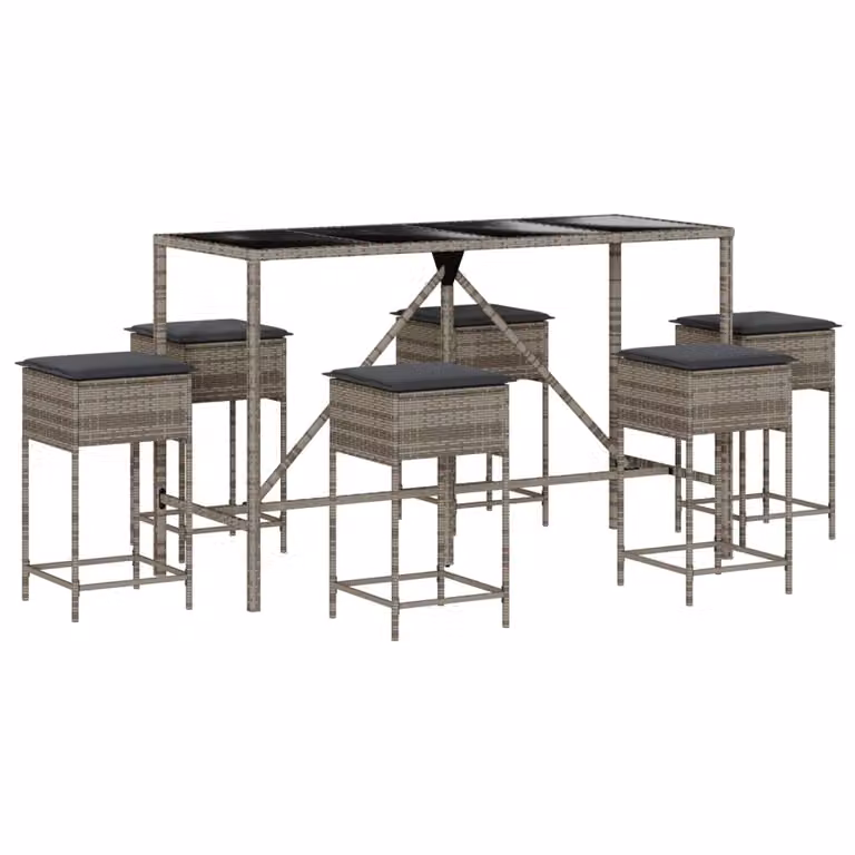 Set Bar da Giardino 7 pz con Cuscini in Polyrattan Grigio