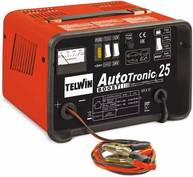 Caricabatterie Telwin Autotronic 25 12/24V con funzione Boost per batterie WET GEL AGM MF PbCa EFB, Rosso