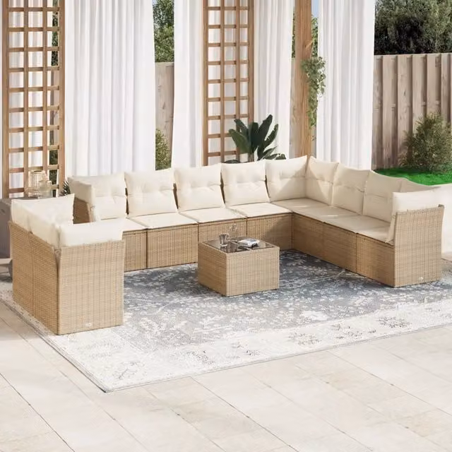 Set di Divani da Giardino a Forma di U VIDAXL in Polyrattan con Cuscini Beige, 11 Pezzi