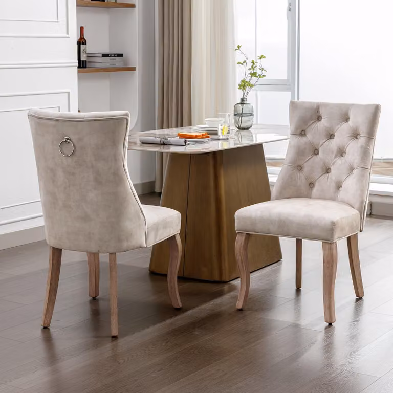 Sedia da pranzo - Sedia a forma di conca - Set da 2 - Rivestimento in velluto color beige chiaro - Struttura in legno