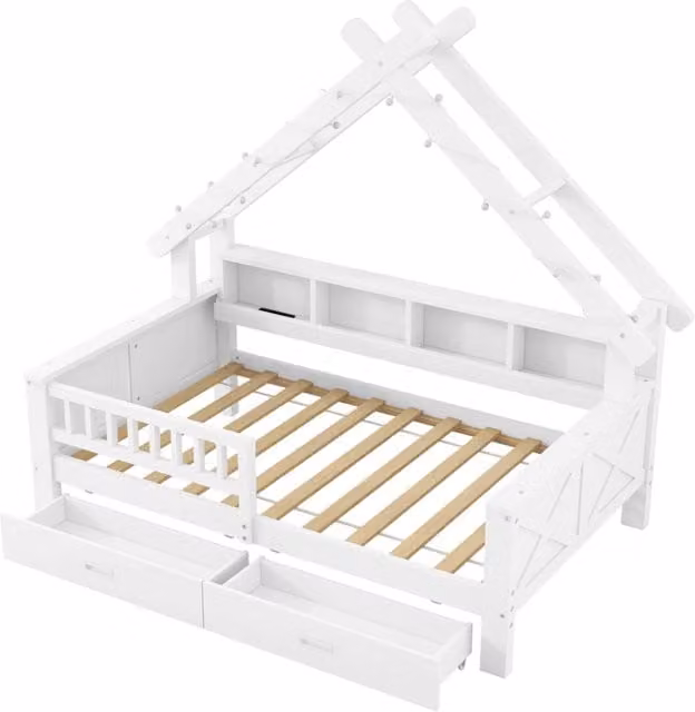 Letto a piattaforma in legno bianco a forma di casetta 90x200 cm con LED, cassetti, ripiani e sponda protettiva