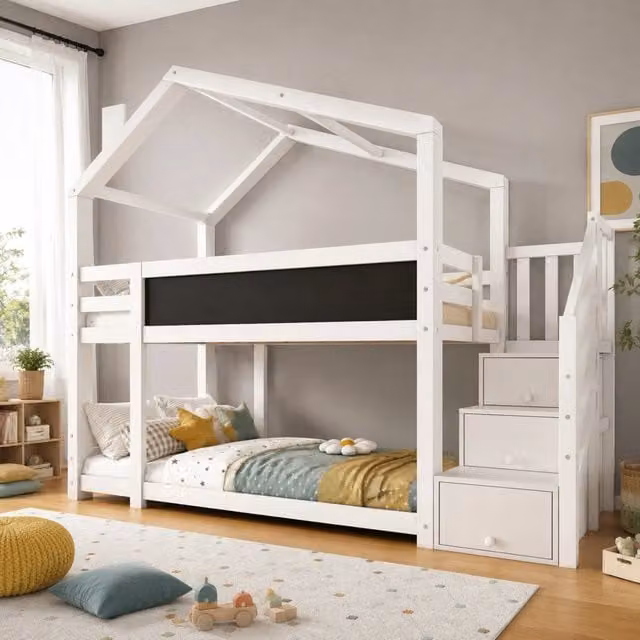 Letto a castello a forma di casa ULEVR 90x200 cm bianco con scala contenitore e lavagna