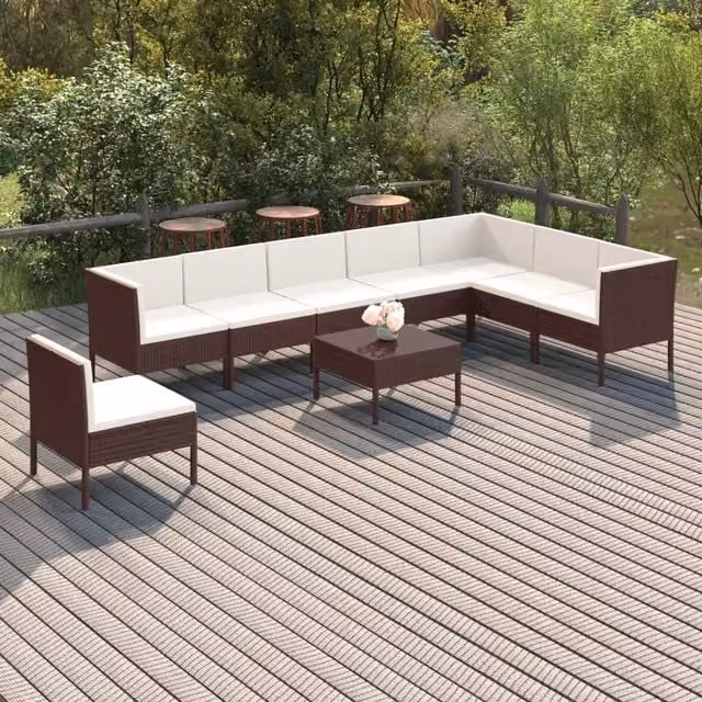 Set Divani da Giardino 9 pz con Cuscini in Polyrattan Marrone 3094443