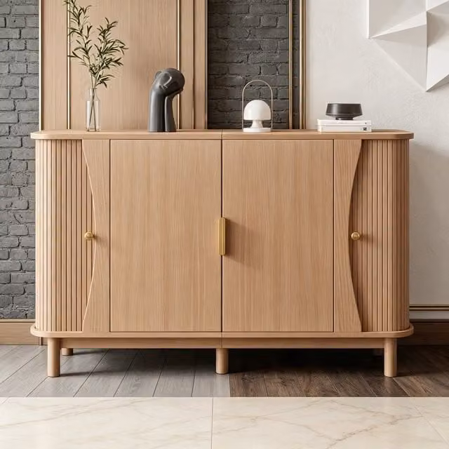 Credenza e madia OKWISH in MDF naturale beige con 2 ante scorrevoli e ripiano regolabile per soggiorno, L: 140 cm, P: 40 cm, H: 88 cm