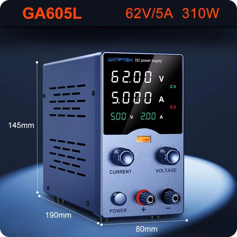 Alimentatore da laboratorio GA605L - Alimentatore DC regolabile - 62V 5A - Display digitale - Uscita di ricarica rapida USB - Uscita singola