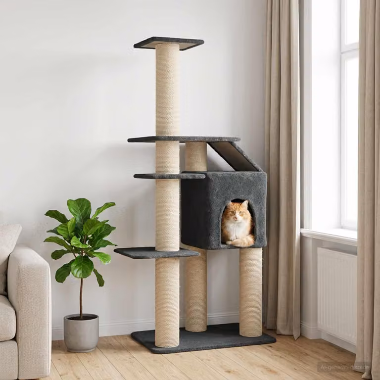 vidaXL Albero per gatti con pali in sisal, grotta e giocattoli integrati, Grigio
