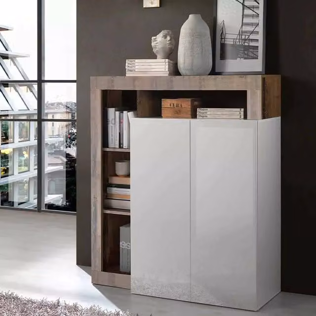Madia moderna DMORA con 2 ante e vani a giorno, mobile portaoggetti per soggiorno in bianco e legno di acacia, L: 108 cm, P: 42 cm, H: 127 cm