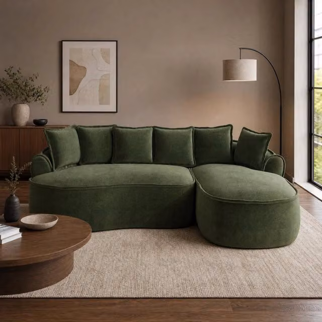 Divano modulare a L senza struttura in ciniglia con chaise longue profonda; verde