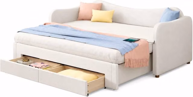 Divano letto 90x200 estensibile 180 cm， velluto beige， 2 cassetti， USB， senza materasso