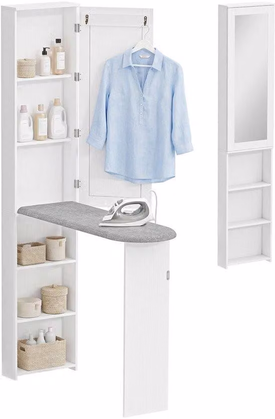 Specchio pieghevole da parete, con scatola portaoggetti con porta, pieghevole, dimensioni 106x35x174 cm, colore bianco.