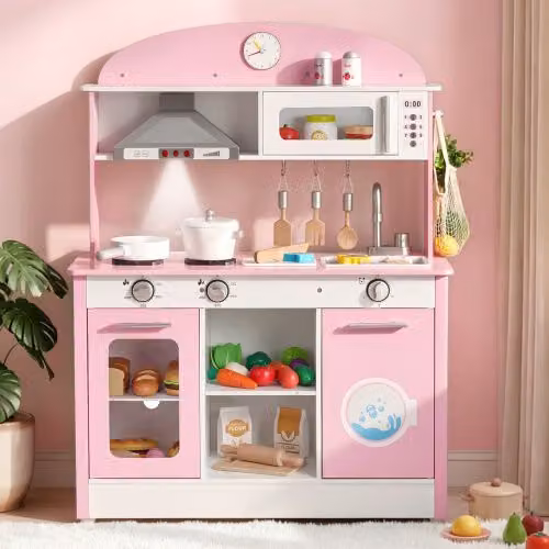Cucina Giocattolo in Legno VEVOR Rosa con Luci, Suoni e Accessi per Bambini