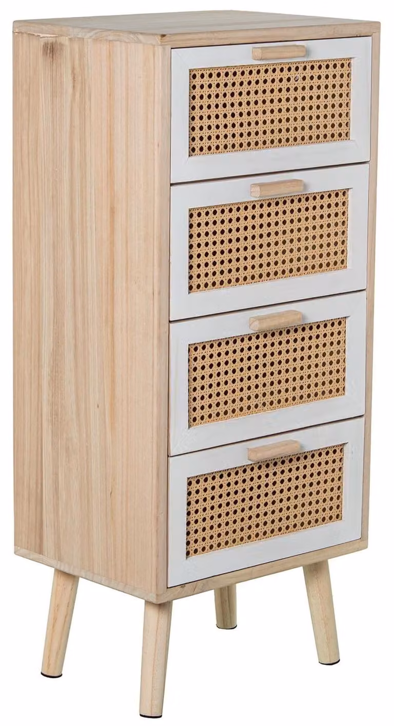 Comodino con 4 cassetti, realizzato in MDF e rivestito con corteccia di salice