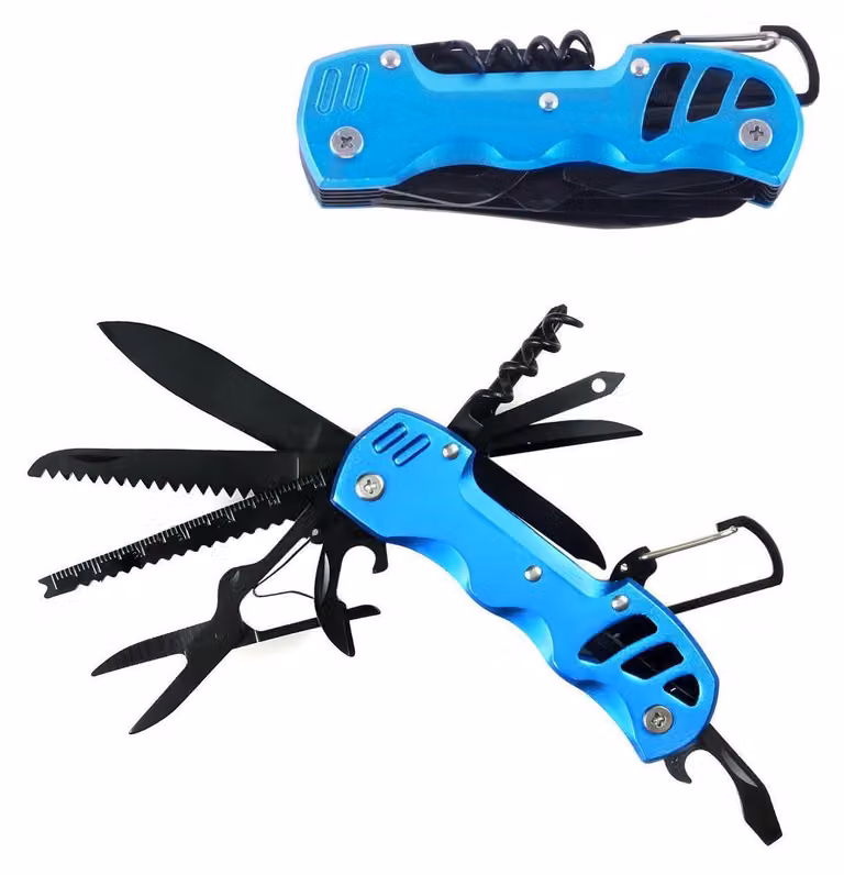 Coltello multiuso da tasca 12-in-1, colore blu, in acciaio inossidabile 2Cr13, con custodia
