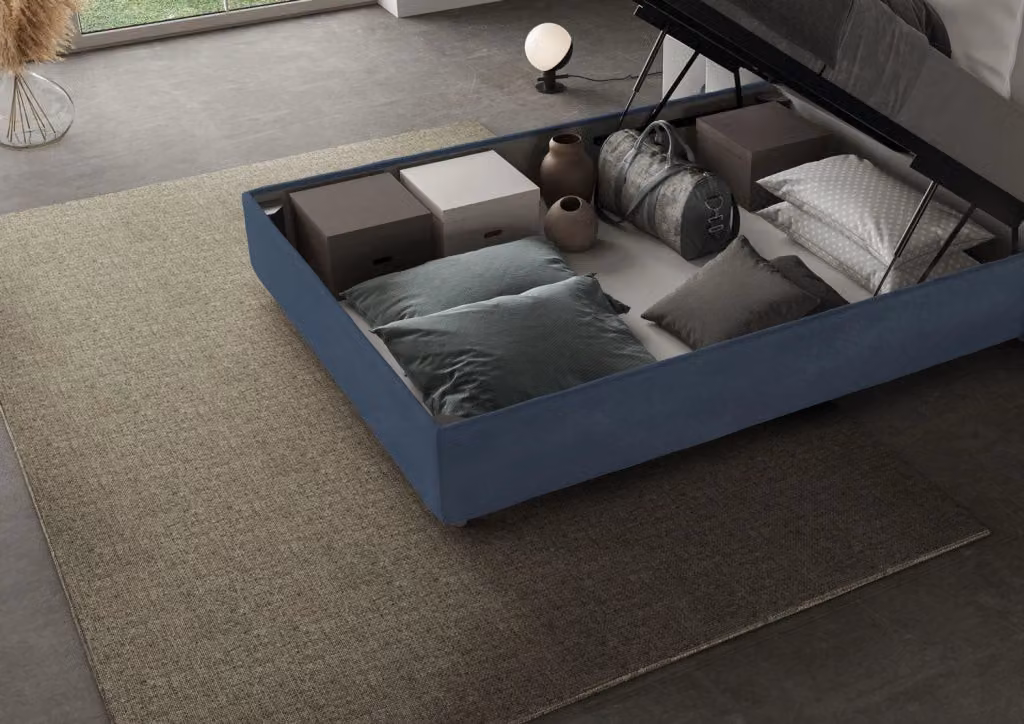 Letto una piazza e mezza Antea Large Ityhome con rete imbottita e base contenitore in microfibra blu L/P: 130 x 190 cm – 2