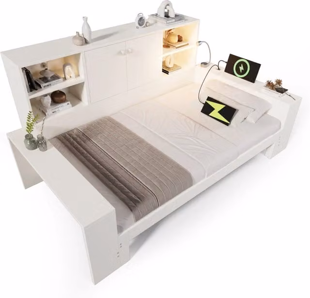 Letto estraibile 90x200 cm con USB; USB-C e vani contenitori; MDF e compensato; bianco
