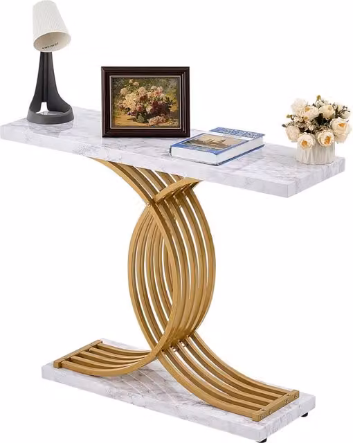 Tavolo consolle da ingresso stretto, tavolino dietro divano in MDF effetto marmo e metallo, robusto e salvaspazio, per soggiorno, 100 x 30 x 81 cm