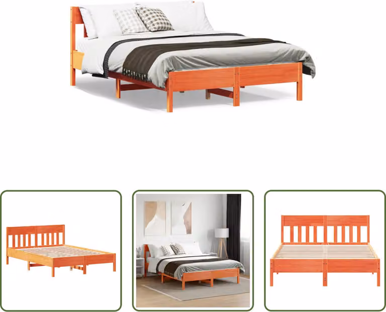 The Living Store letto in legno massiccio senza materasso cera marrone 140x190 cm legno di pino