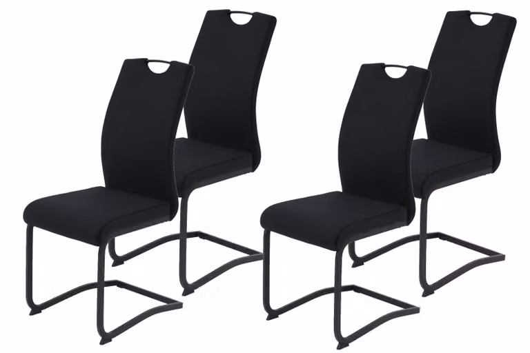 Tavoli Hela, set da 4 tavoli a sbalzo Riga, rivestimento in velluto a coste nero, struttura in tubolare quadrato nero, schienale con maniglia, schienale ergonomico, portata massima 120 kg