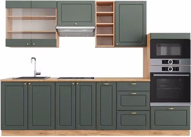 Cucina componibile Fame-Line Verde-oro rustico/Rovere dorato 280 cm senza piano di lavoro Vicco