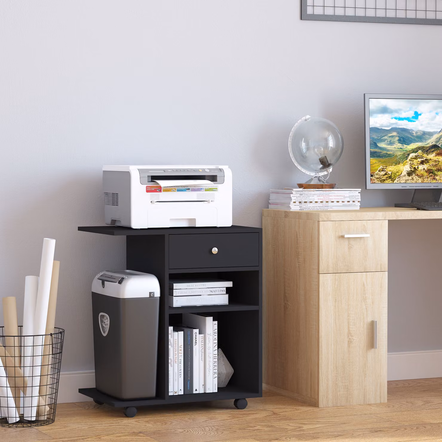 Mobile Porta Stampante Aosom in Legno Nero con 1 Cassetto, 2 Ripiani e Mensola CPU per Ufficio, L 60 cm, P 40 cm, H 68.5 cm – 2
