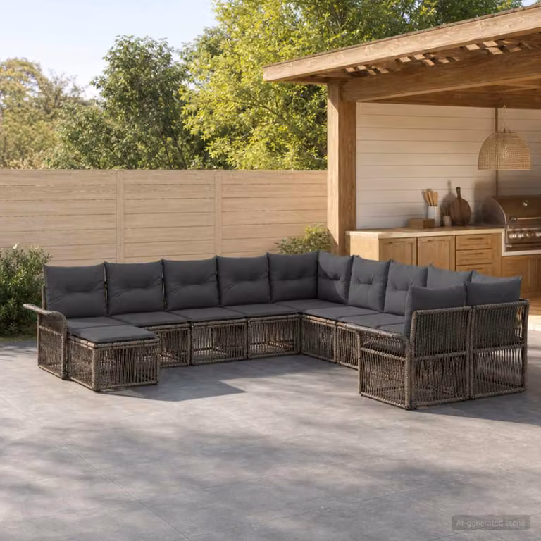 Set Divano da Giardino vidaXL 11 pz a Forma a U in Polyrattan Grigio e Antracite con Cuscini e Struttura in Acciaio