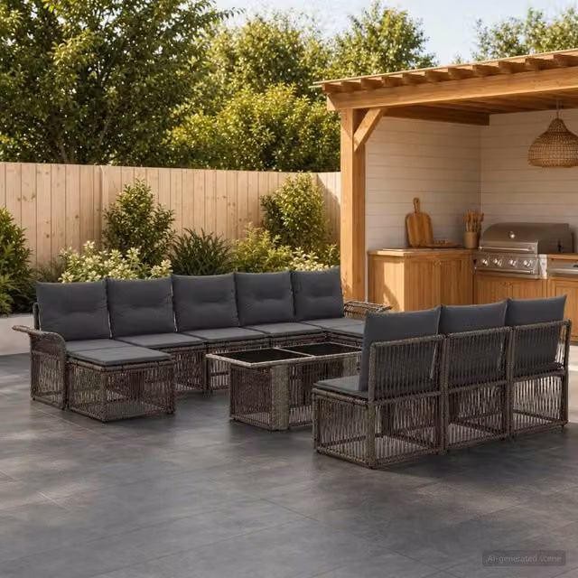 Set Divano da Giardino vidaXL in Polyrattan Grigio con Tavolino e Ottoman, 11 Pezzi, Forma a U