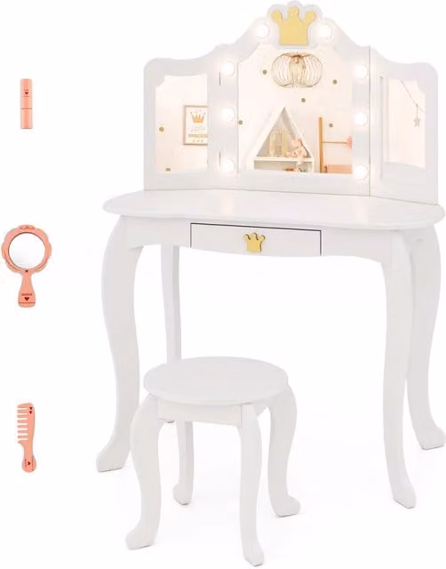 Set da trucco Costway per bambini con specchio illuminato, tavolo e sedia in MDF bianco o rosa