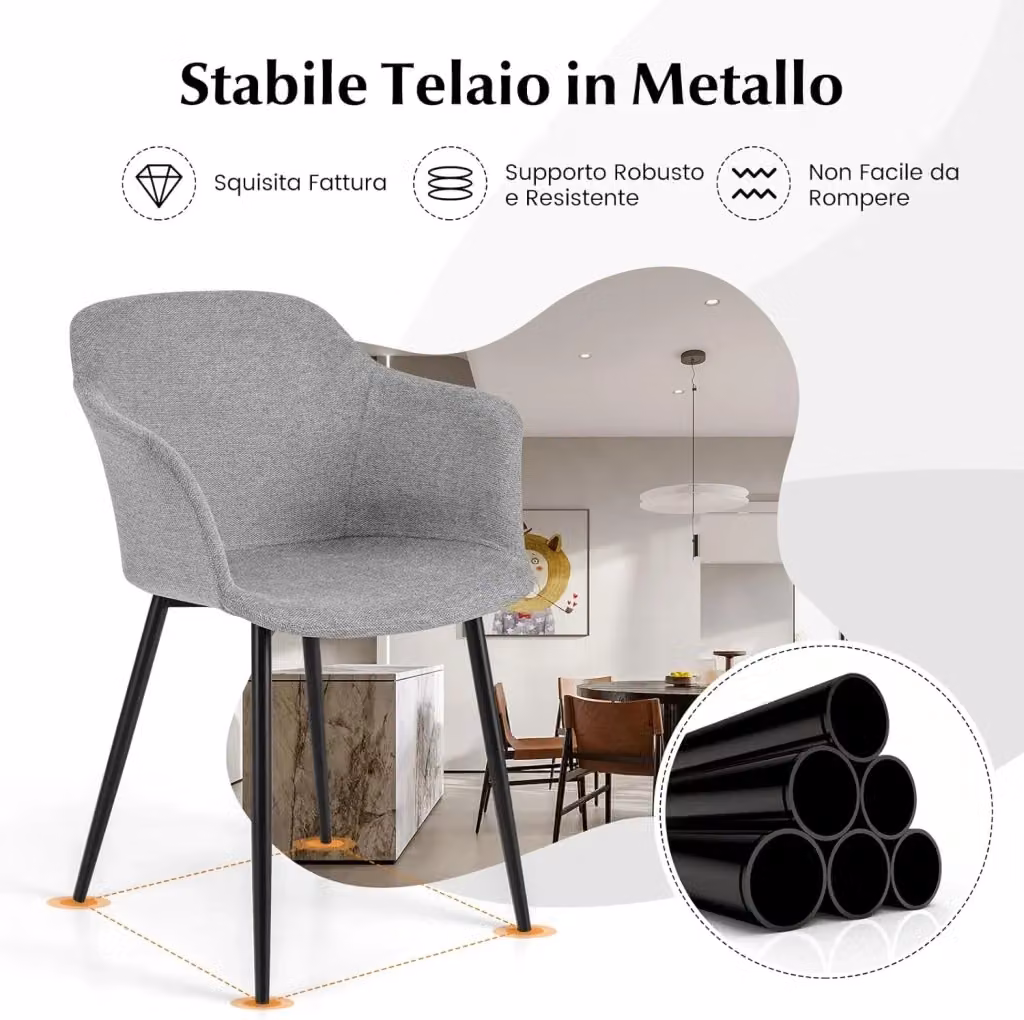 Set di 2 sedie da pranzo Costway imbottite con schienale ergonomico e braccioli, modello moderno in tessuto grigio chiaro per soggiorno, sala da pranzo e cucina – 2