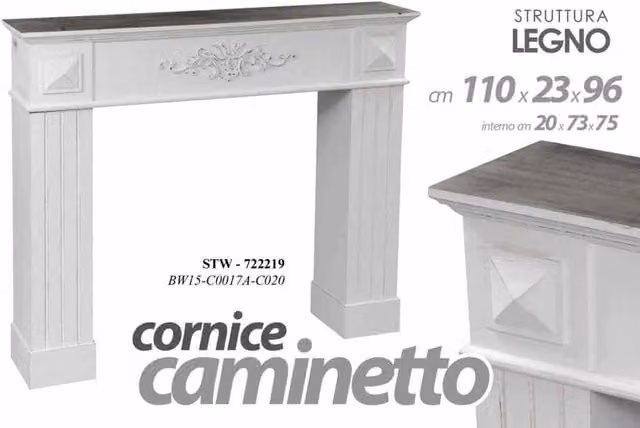 Cornice finto camino stile shabby cm 110 x 23 x 96