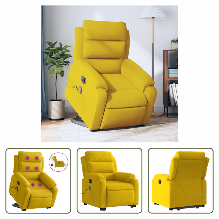 The Living Store Sedia massaggiante con supporto in piedi elettrica in velluto giallo