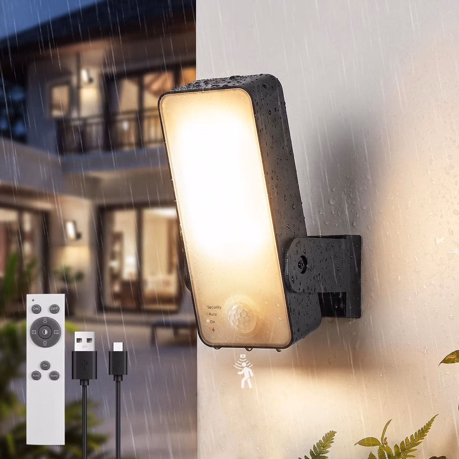 Lampada da parete ricaricabile con sensore di movimento, 12000 mAh, grado di protezione IP65, colore nero