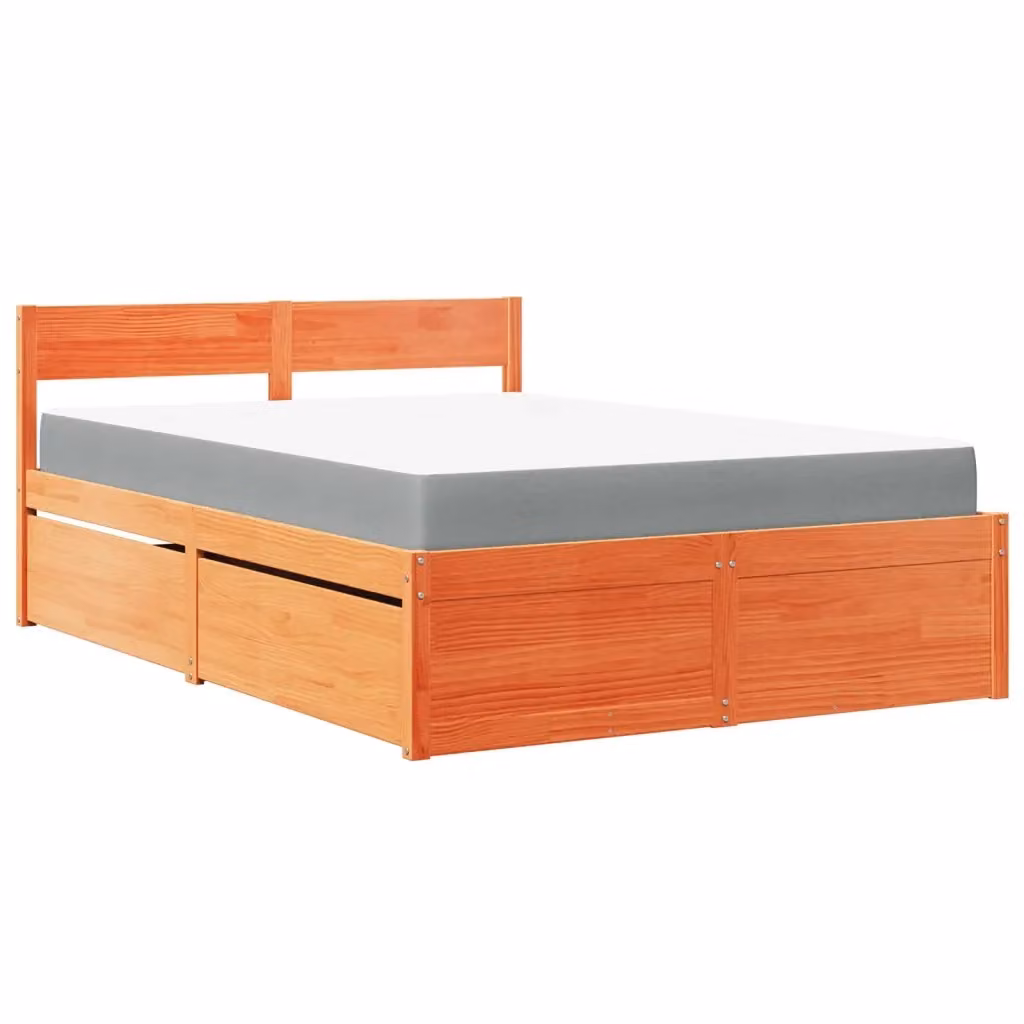 Letto con cassetti e materasso vidaXL in legno massello di pino color marrone cera L/P/H: 140 x 190 cm – 2