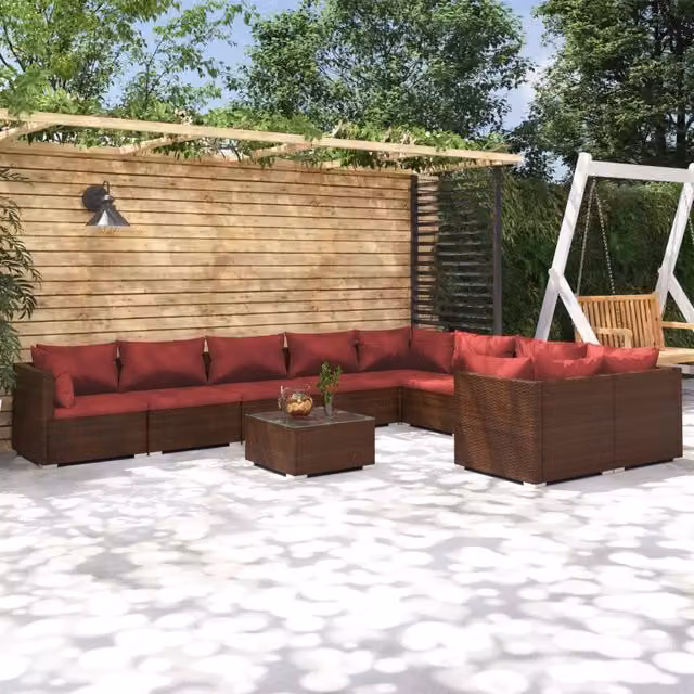 Set di Divani da Giardino a Forma di U con Tavolino da esterno vidaXL, Polyrattan Marrone e Rosso con Cuscini Inclusi