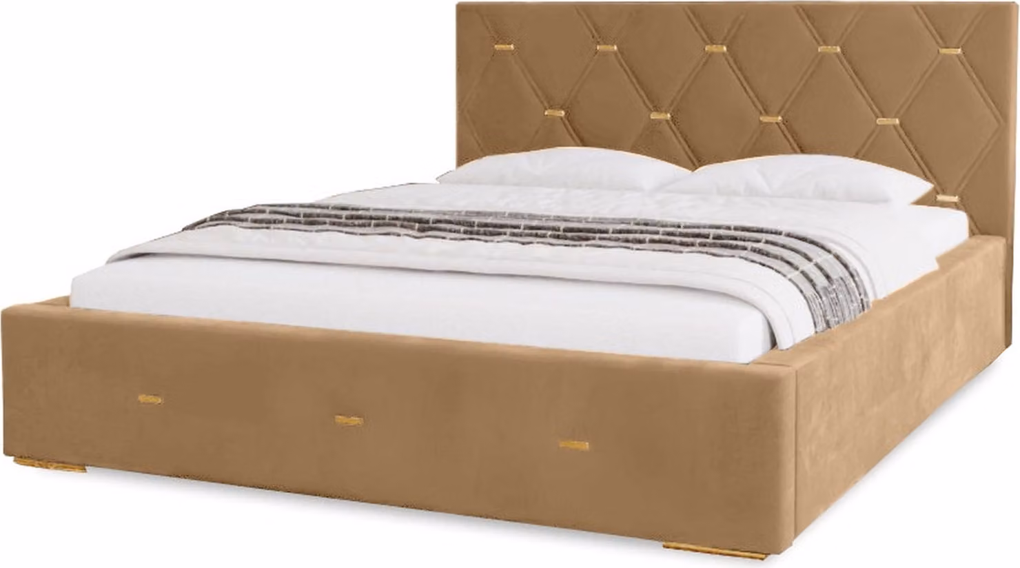 Letto imbottito Golden Premium 160x200 cm, letto con testiera, letto matrimoniale con contenitore e rete a doghe in legno, tessuto in velluto: beige