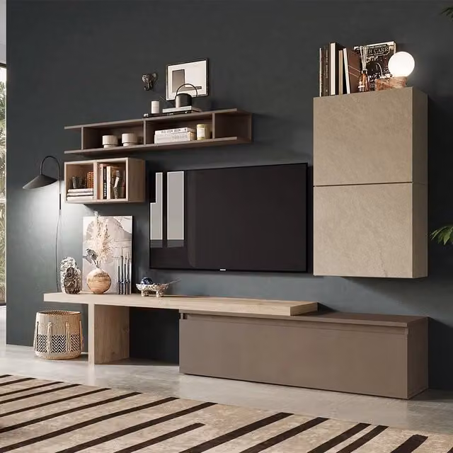 Parete Attrezzata Infinity 2A Redokasa Made in Italy con Base TV e Mensola T, Design Moderno per Soggiorno, Cucina o Sala da Pranza, Colore Argilla/Bronzo/Cadiz, L: 260 cm, H: 190 cm, P: 40 cm – 1