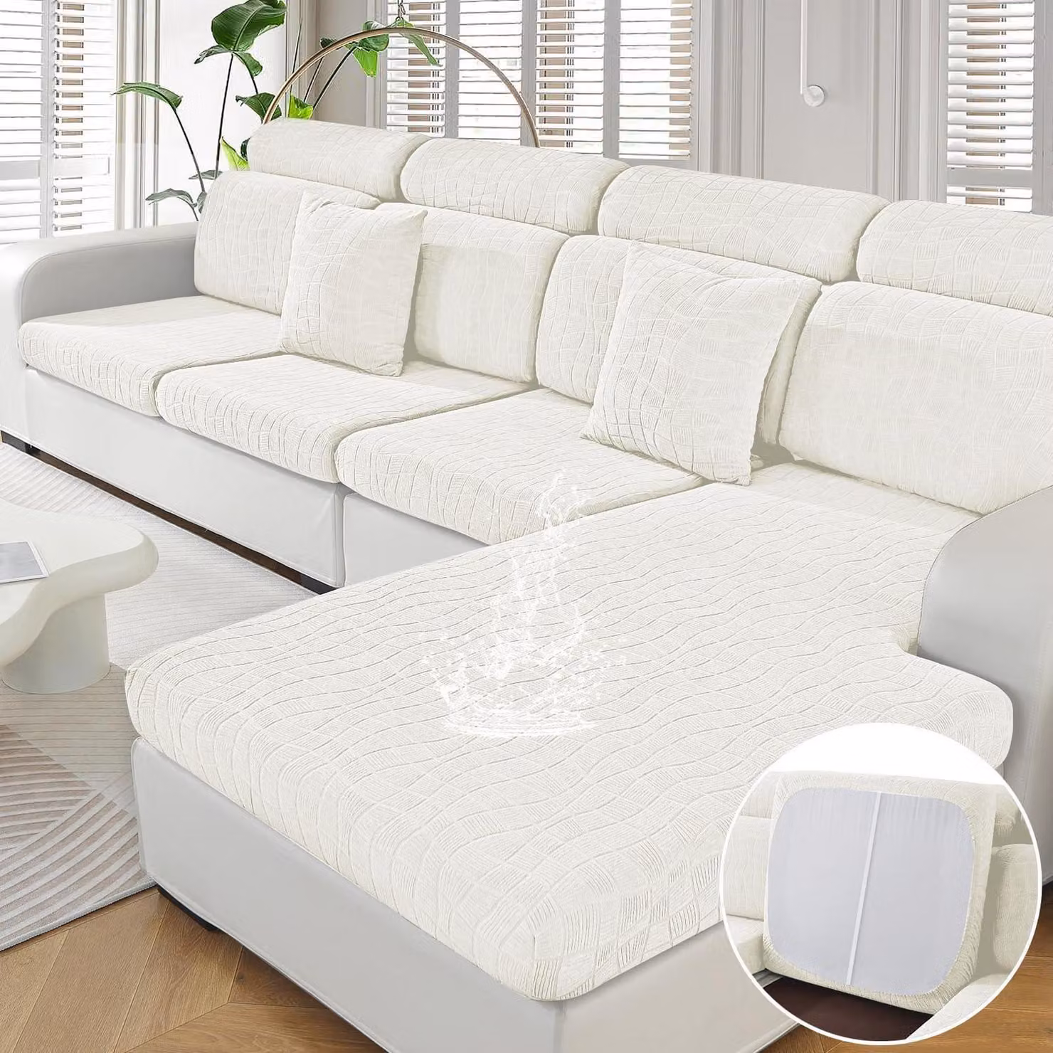 Copertura elastica impermeabile per cuscini del divano, ideale per divani a chaise longue, colore crema