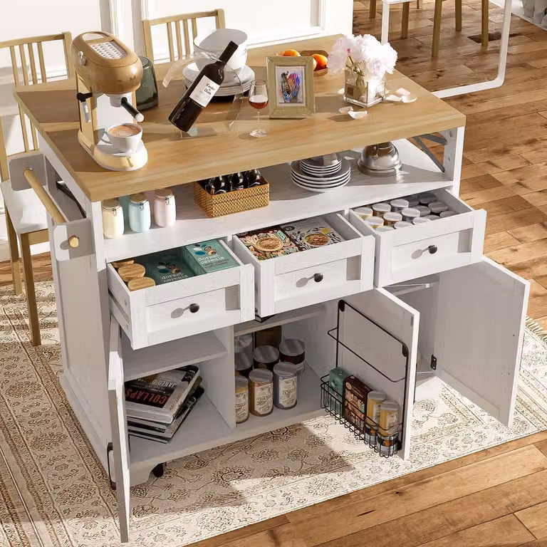 Isola da cucina con piano di lavoro, dimensioni 118x43x98 cm, colore bianco, dotata di rotelle e cassetti