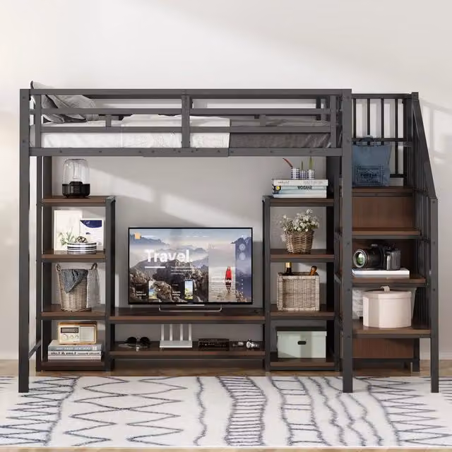 Letto a soppalco 90x200 ¨C Minimal ¨C nero struttura in metallo e legno con scala di sicurezza
