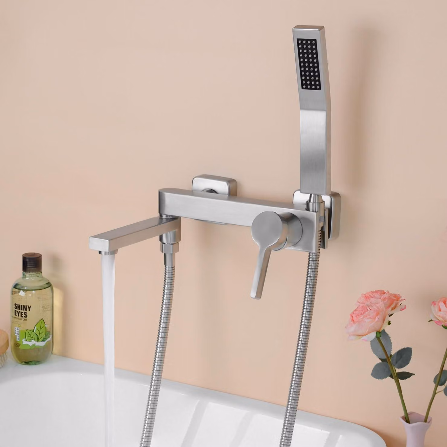 Miscelatore per lavabo da parete con doccetta, girevole a 90°, finitura in nichel spazzolato