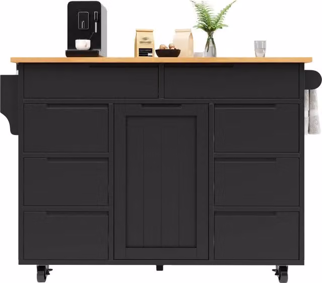 Isola cucina nera con ruote, MDF, piano ribaltabile e 8 cassetti, 122 x 74,5 x 91,5 cm