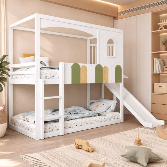 Letto a soppalco Mivray per bambini con struttura a casetta in legno bianco e scala a gradini, dimensioni 90 x 200 cm