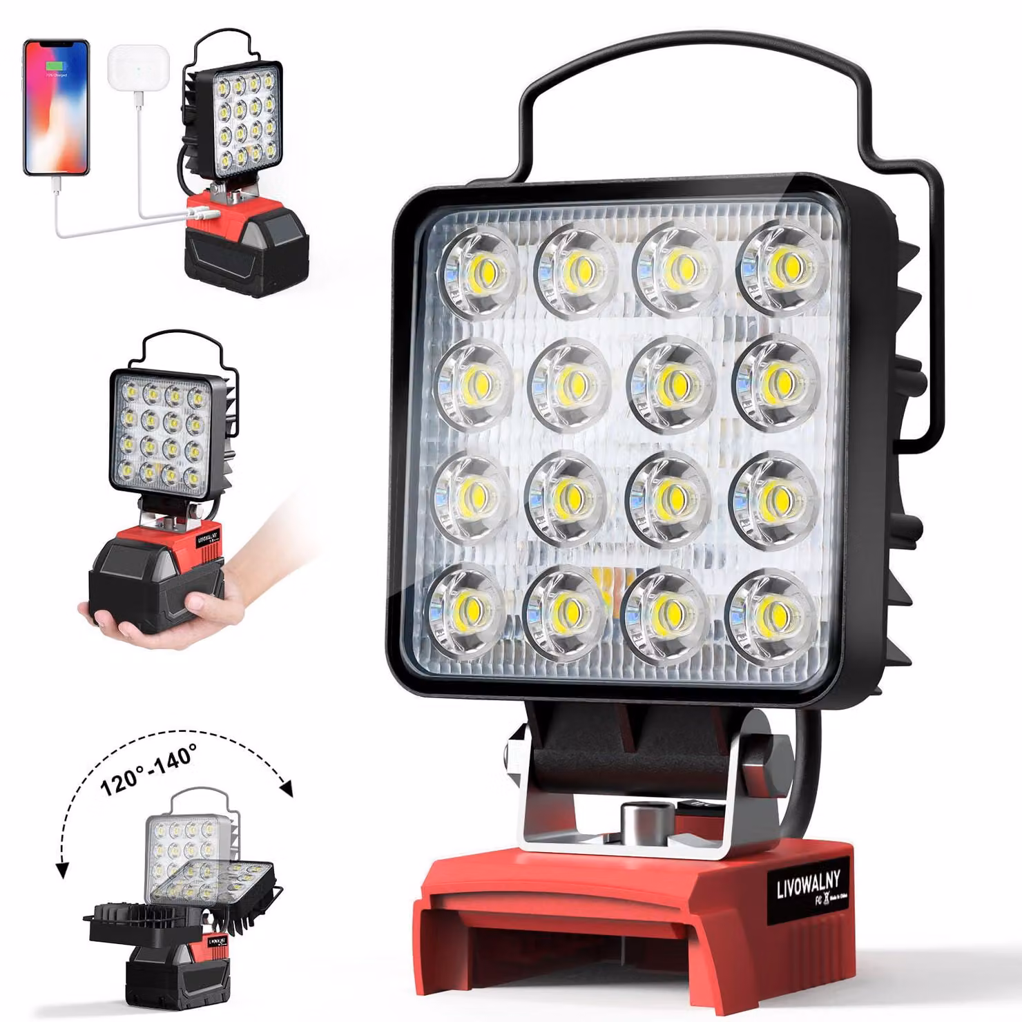 Lampada da lavoro a LED da 48W, 4800 lumen, senza fili, con connessione USB e tipo C, ideale per campeggio e situazioni di emergenza