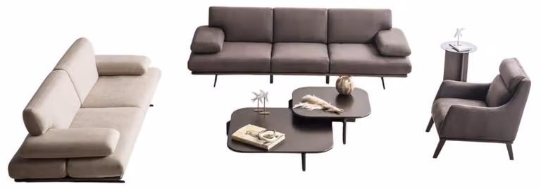 Grau-Beige Sofagarnitur Edler 4-Sitzer Polstersessel Holztische 5tlg