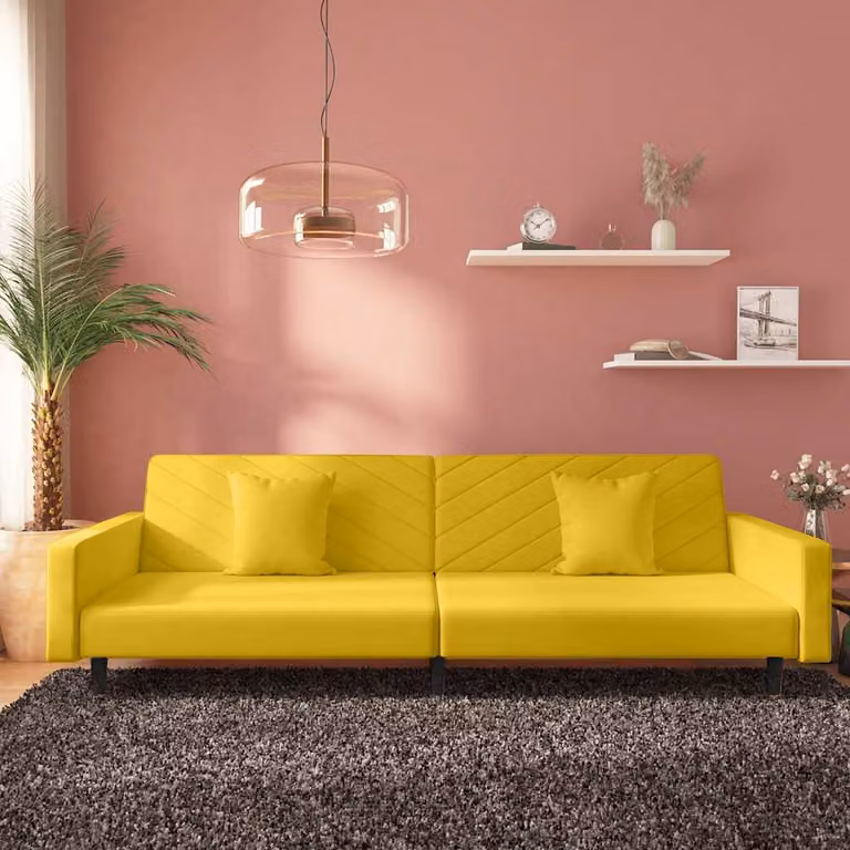 vidaXL Divano Letto Click-Clack in Velluto Giallo con 2 Cuscini e Struttura in Legno Massiccio